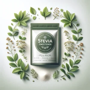 یک بسته بندی زیبا و با کیفیت از شیرین کننده استویا در مرکز، احاطه شده توسط عناصر طبیعی مانند گیاهان یا برگ های استویا