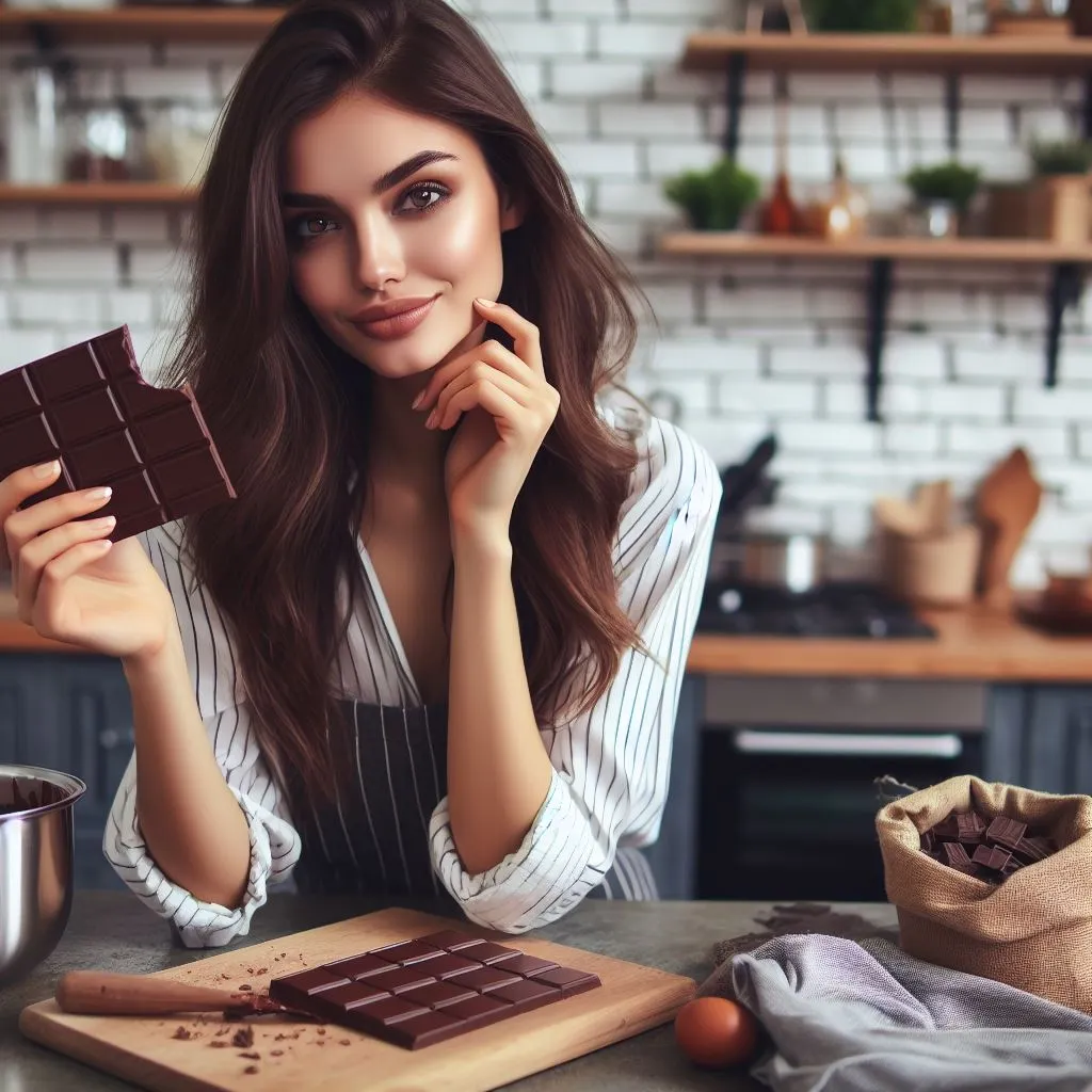 یک خانم خوش هیکل در حال تهیه شکلات تلخ رژیمی در آشپزخانه شخصی خود